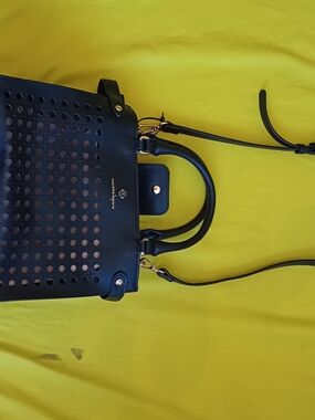 Nanette Lepore Erika black vegan leather satchel purse  a distinctive perforated